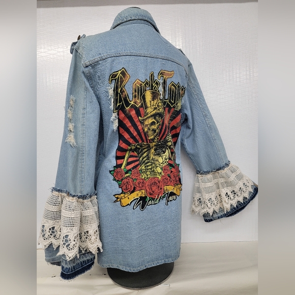 Rock Tour Jean Jacket with Lace Gypsy Bell Sleeves Upcycled Retro Rock Merc - Picture 3 of 14